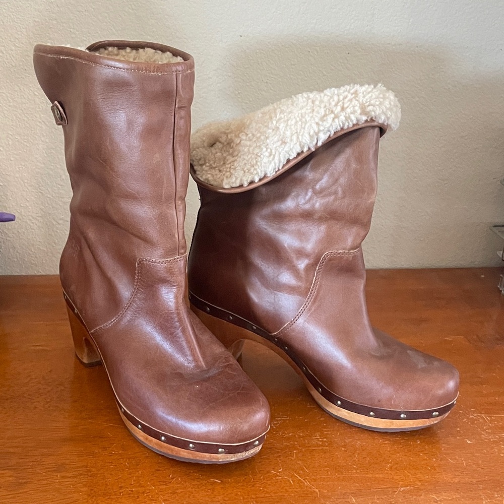 UGG Brown Leather Shearling-Lined Mules